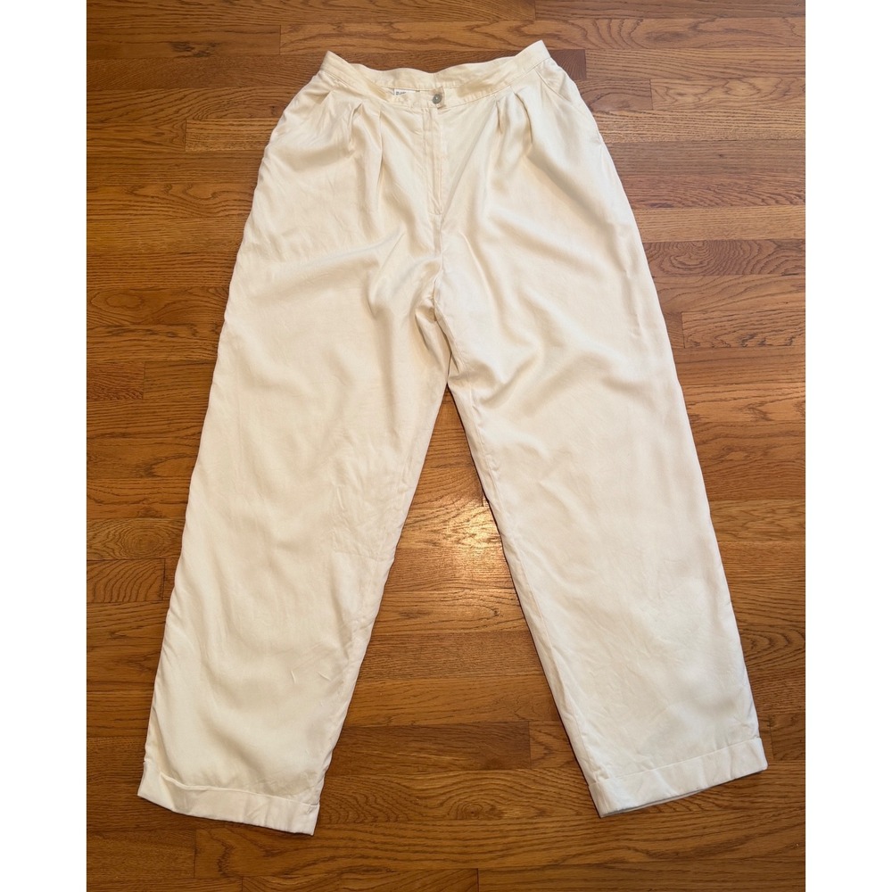 Rena Rowan Vintage 100% Silk Pleated Wide Leg Trousers Cream Sz 14